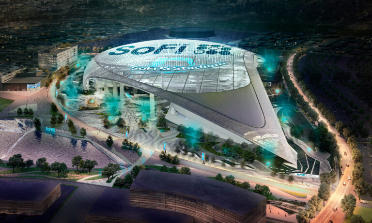 sofi stadium aerial view with sofi logo on top