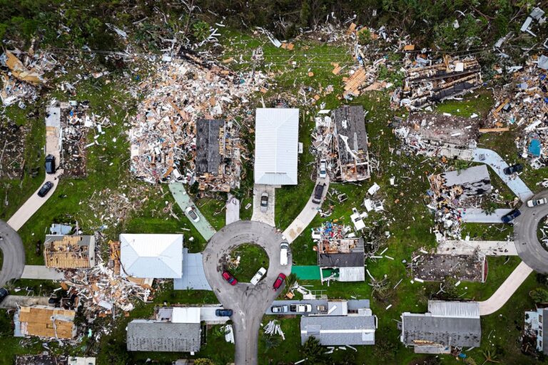 Aerial view of destroyed houses after tornado
